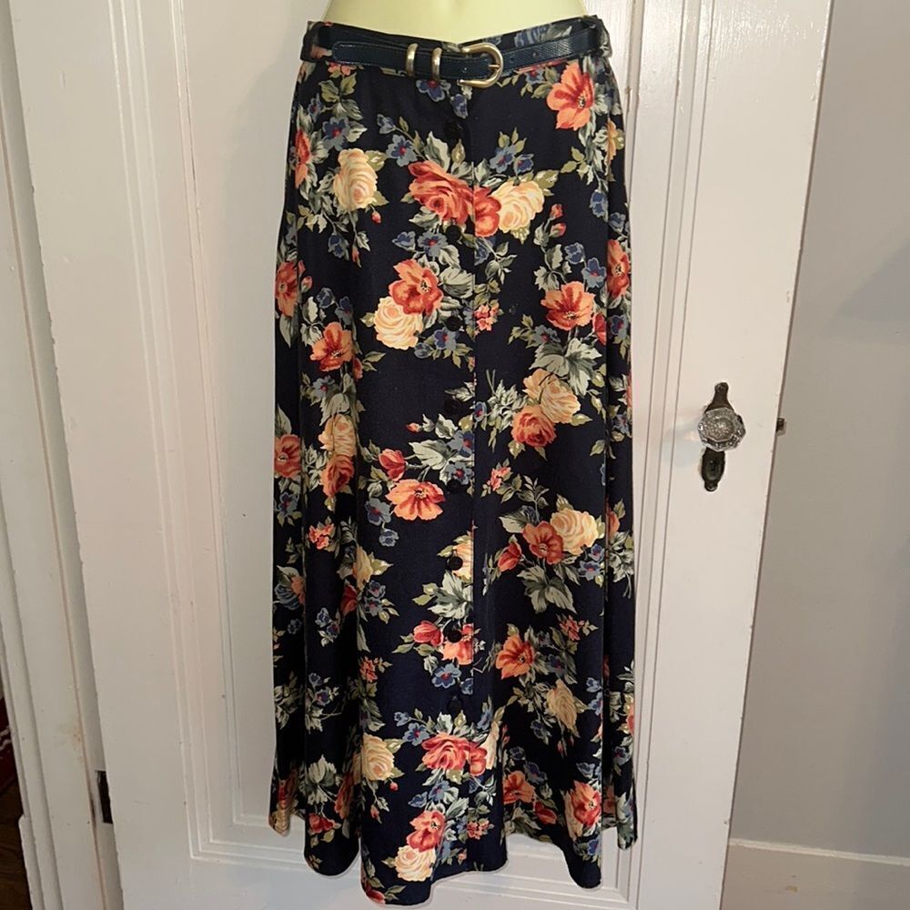Vtg 80s/90s JH Collectibles navy‎ blue floral midi or maxi skirt/original belt